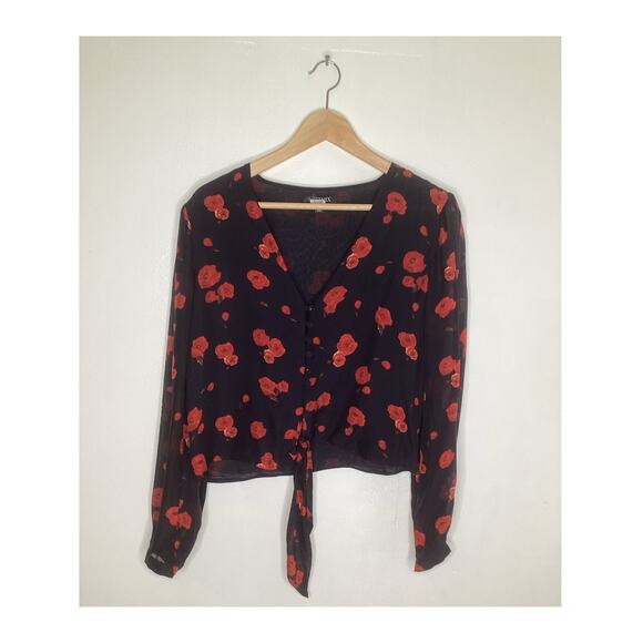 Intermix NWOT Black Silk Red Rose Print Tie Front Long Sleeve Blouse Top M - Picture 1 of 6
